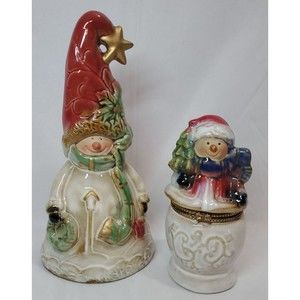 Christmas Snowman Set Bell And Trinket Box Excellent Pre-Owned Rustic Decor